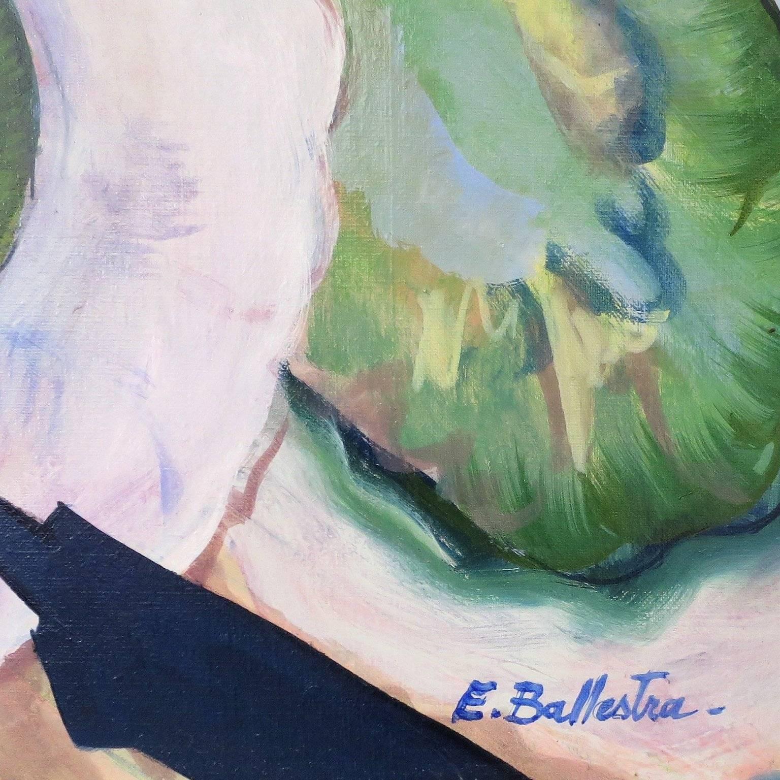 Français  Peinture à l'huile bleu turquoise pâle représentant des huîtres et des urnes de mer, par E. Ballestra en vente