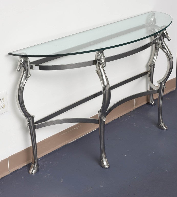 Italian Mid-Century Glass & Chrome with Horse Shaped Legs Console Table