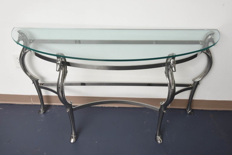 Mid-Century Glass & Chrome with Horse Shaped Legs Console Table In Excellent Condition In Miami, FL