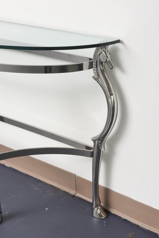 Contemporary Mid-Century Glass & Chrome with Horse Shaped Legs Console Table