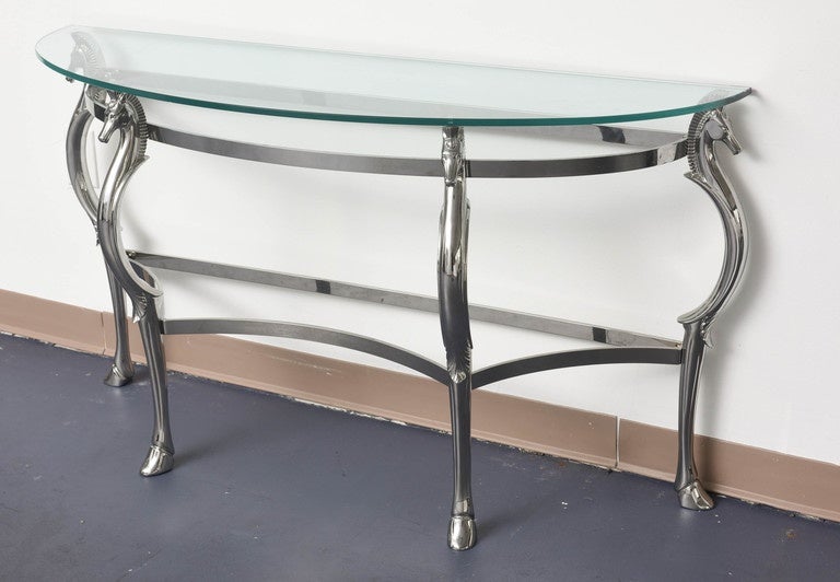 Mid-Century Glass & Chrome with Horse Shaped Legs Console Table 1