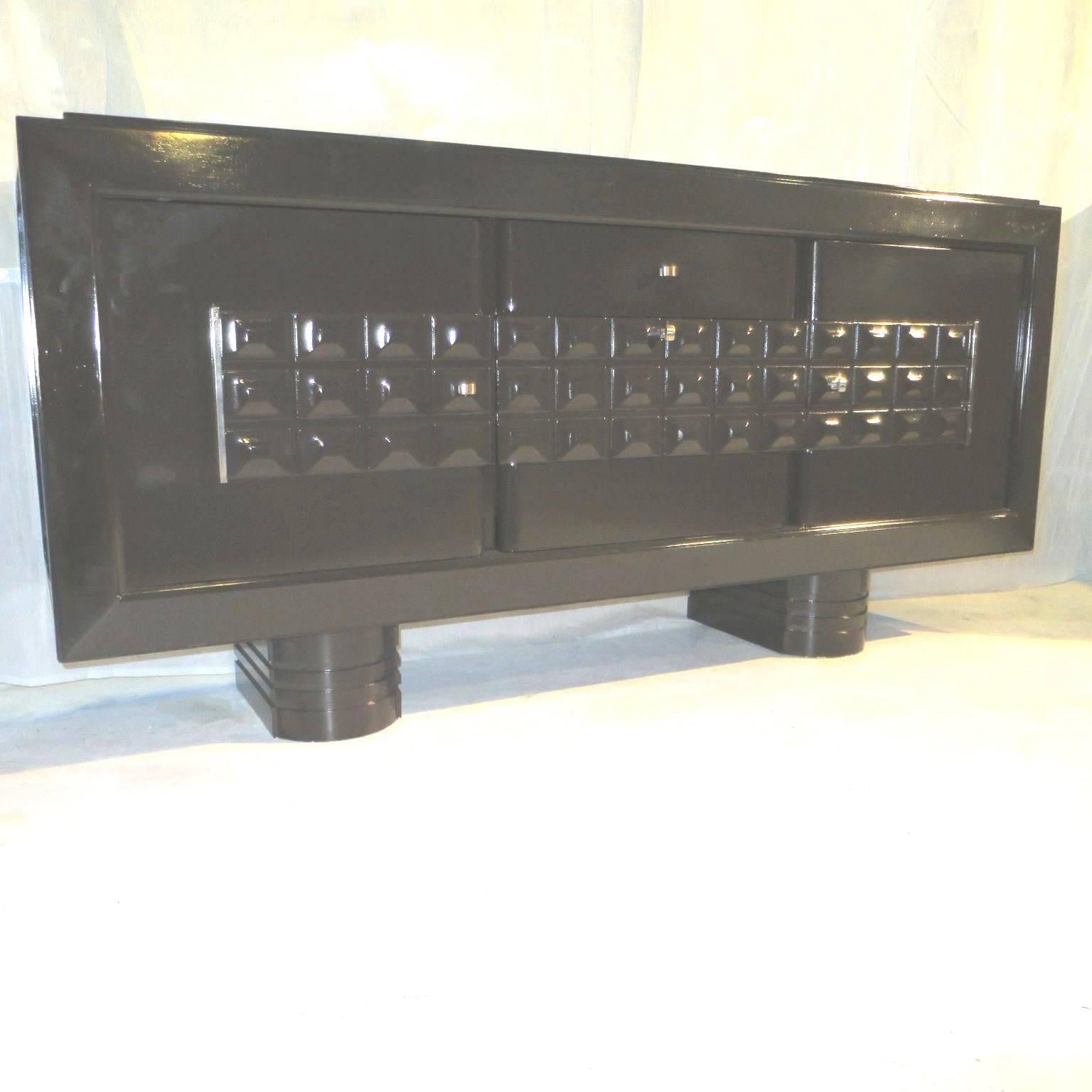 French Brutalist Art Deco Sideboard refinished in dark brown lacqua
