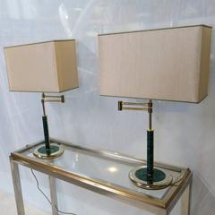 Mid-Century Malachite Green Base Pair of Italian Swing Arm Table Lamps