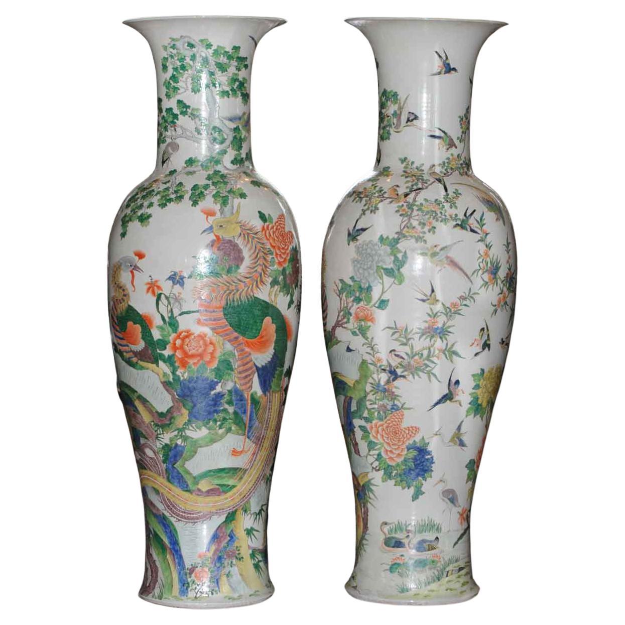 Pair of Monumental Chinese porcelain fam. rose Qing Dynasty Bird Vases, 60.6 in.