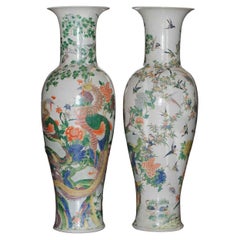 Pair of Monumental Chinese porcelain fam. rose Qing Dynasty Bird Vases, 60.6 in.