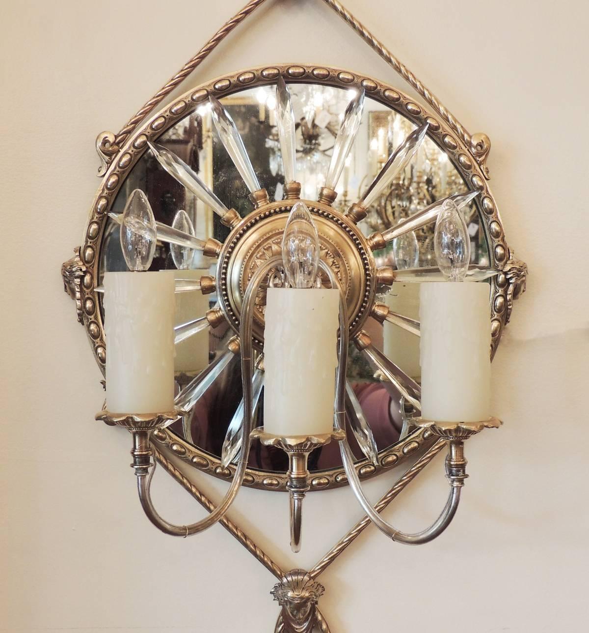 19th C English Mirrored Bronze and Crystal Sconces by James Green For Sale 2