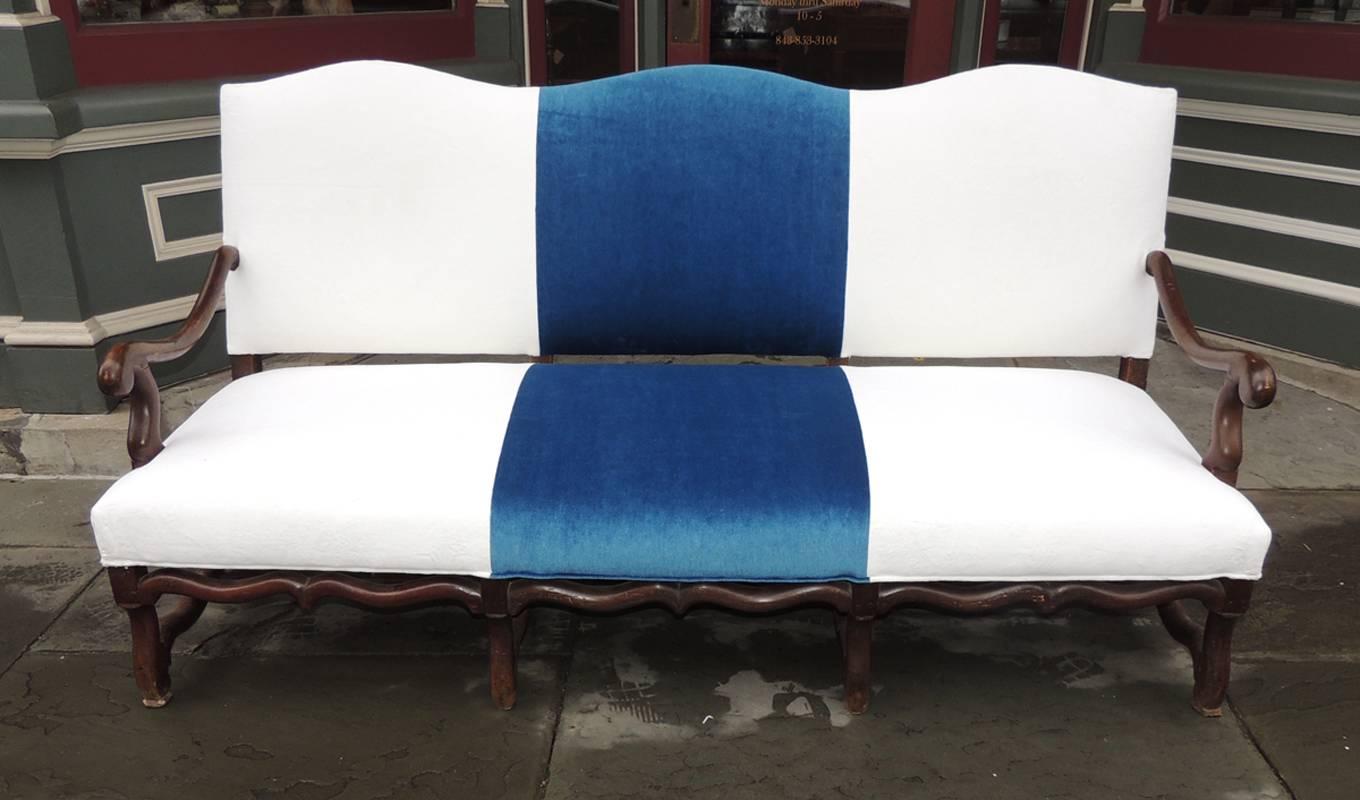 18th C French Baroque Walnut Sofa with Modern Blue & White Upholstery 1