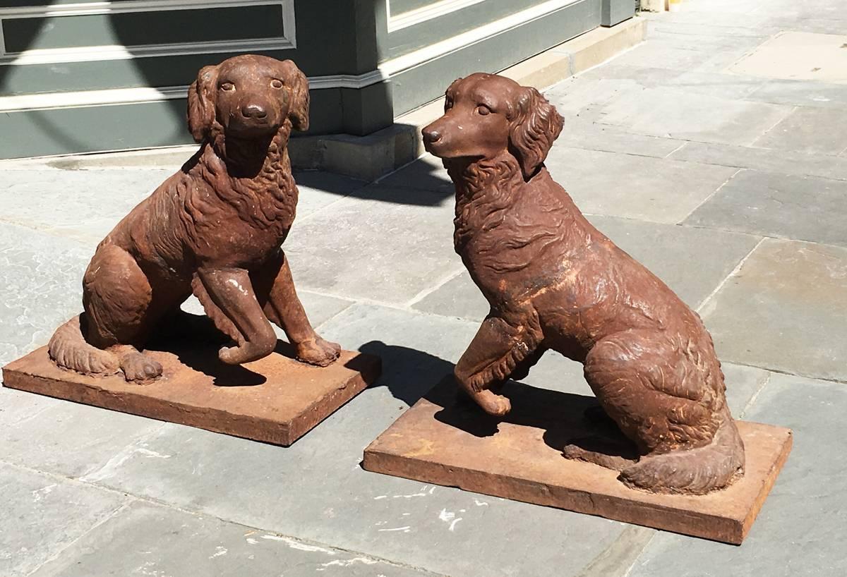 Large Pair of 19th C English Georgian Cast Iron Garden Statues of Opposing Dogs In Excellent Condition In Charleston, SC