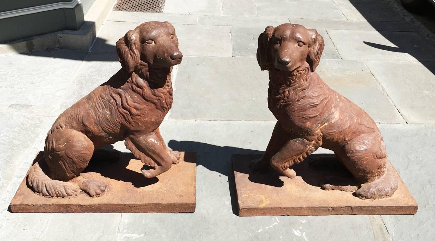 Mid-19th Century Large Pair of 19th C English Georgian Cast Iron Garden Statues of Opposing Dogs 