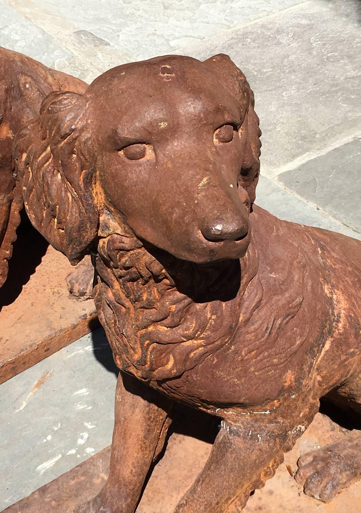 Large Pair of 19th C English Georgian Cast Iron Garden Statues of Opposing Dogs  2