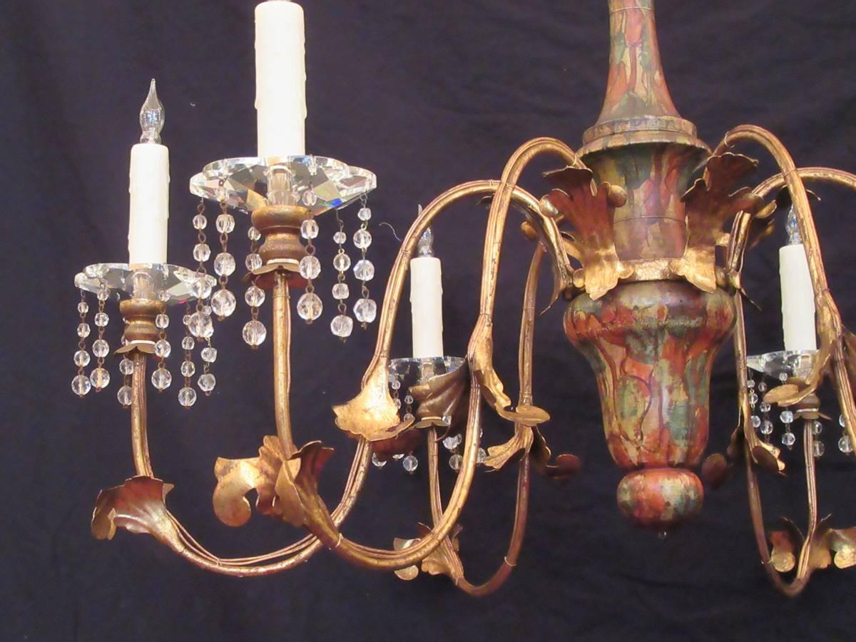 Mid 20th C Italian Faux Marble, Tole, and Crystal Chandelier 1