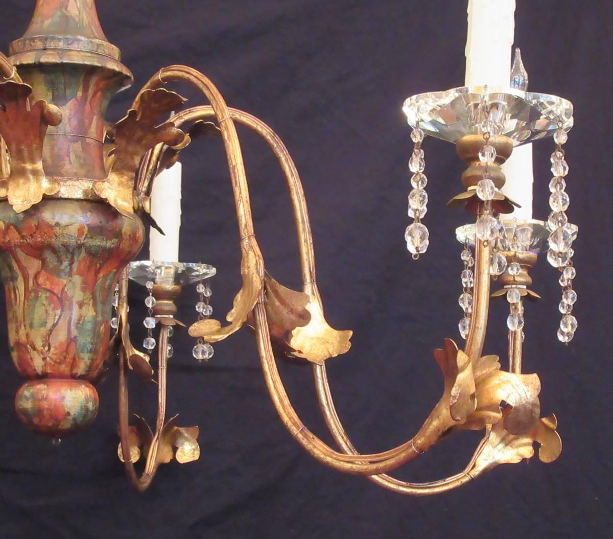 Mid 20th C Italian Faux Marble, Tole, and Crystal Chandelier 2