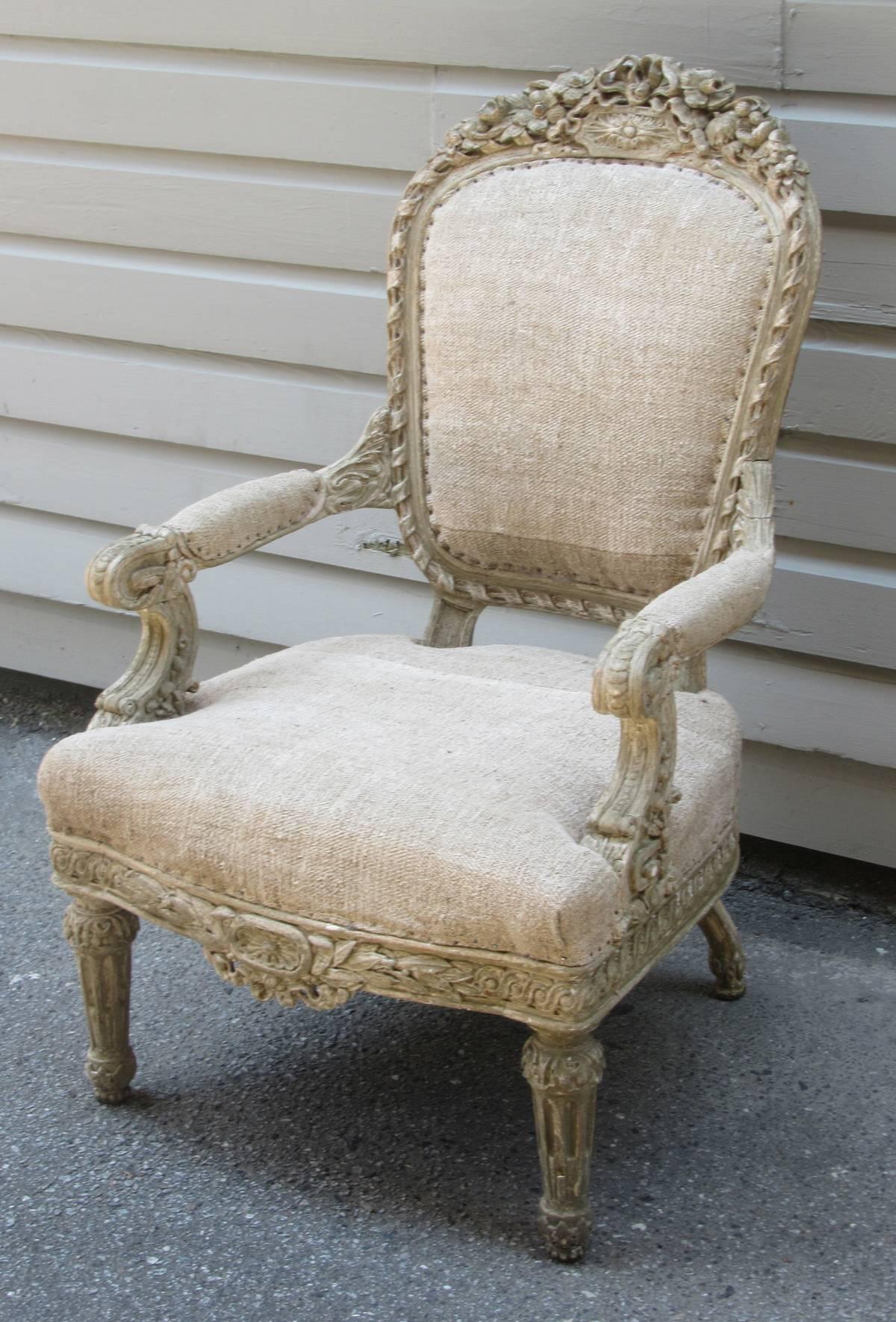 Pair of 19th C French Louis XIV Style Carved Fauteuil Chairs 1
