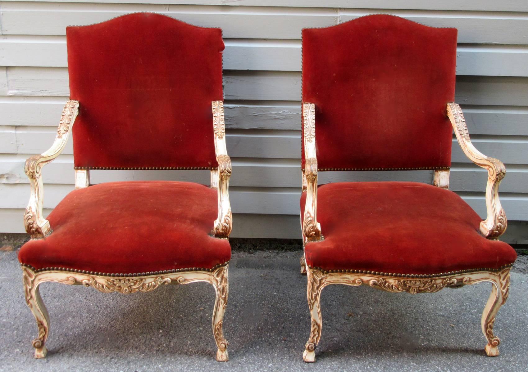 Gilt Pair of 19th French Louis XV Velvet Upholstered Armchairs
