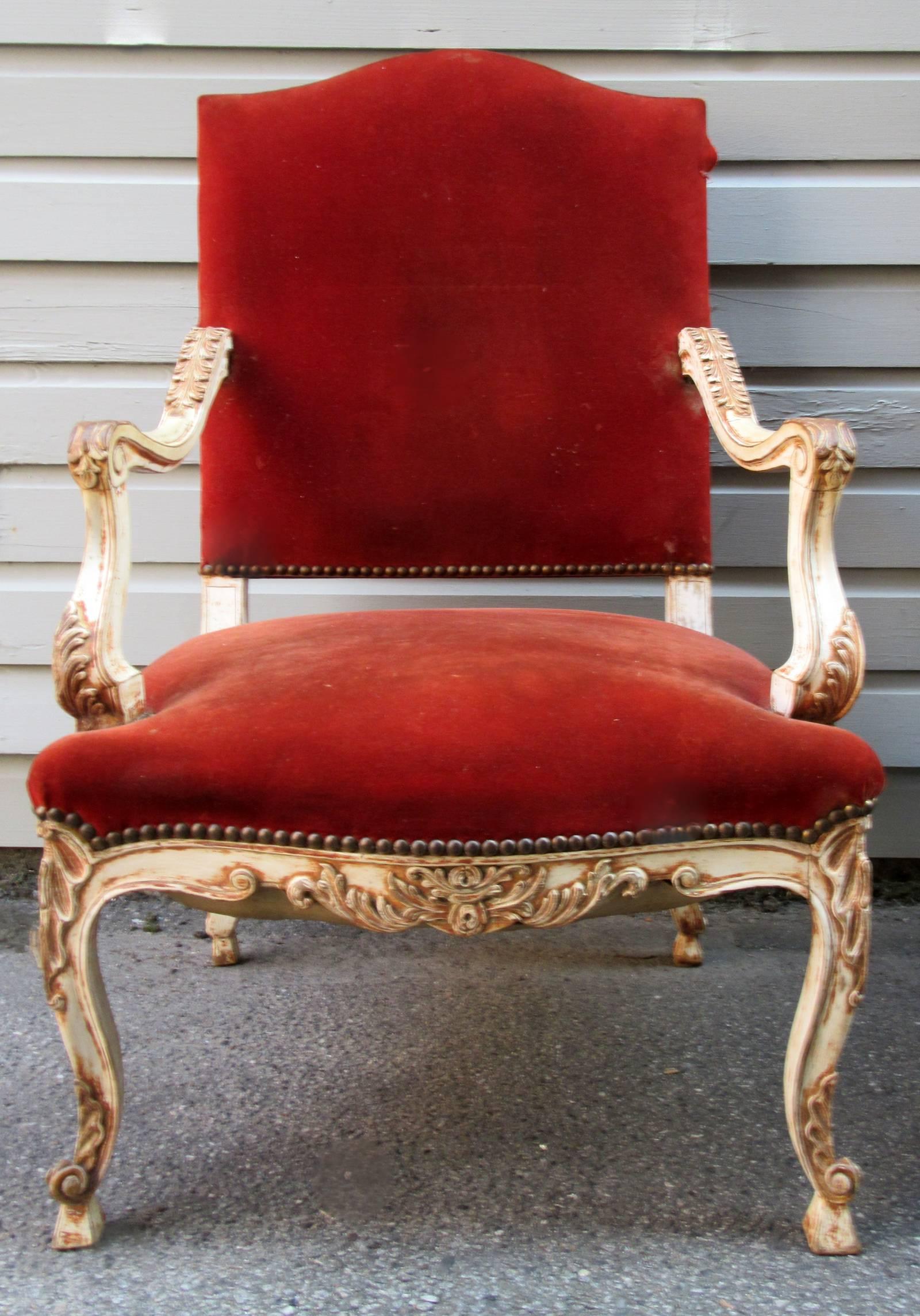 Pair of 19th French Louis XV Velvet Upholstered Armchairs In Excellent Condition In Charleston, SC