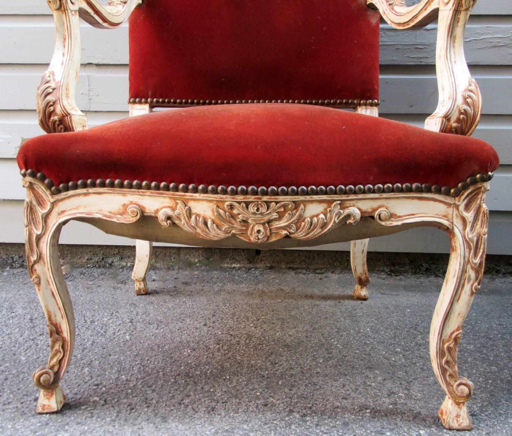 19th Century Pair of 19th French Louis XV Velvet Upholstered Armchairs