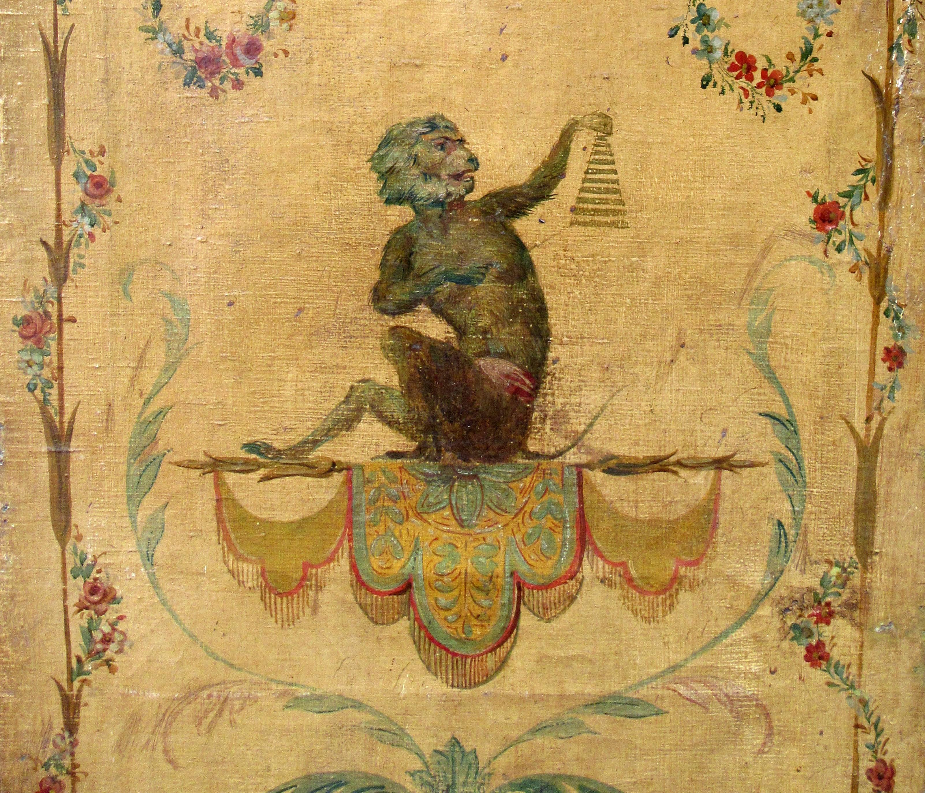 Chinoiserie 19th Century Italian Hand-Painted Folding Screen with Musical Monkeys