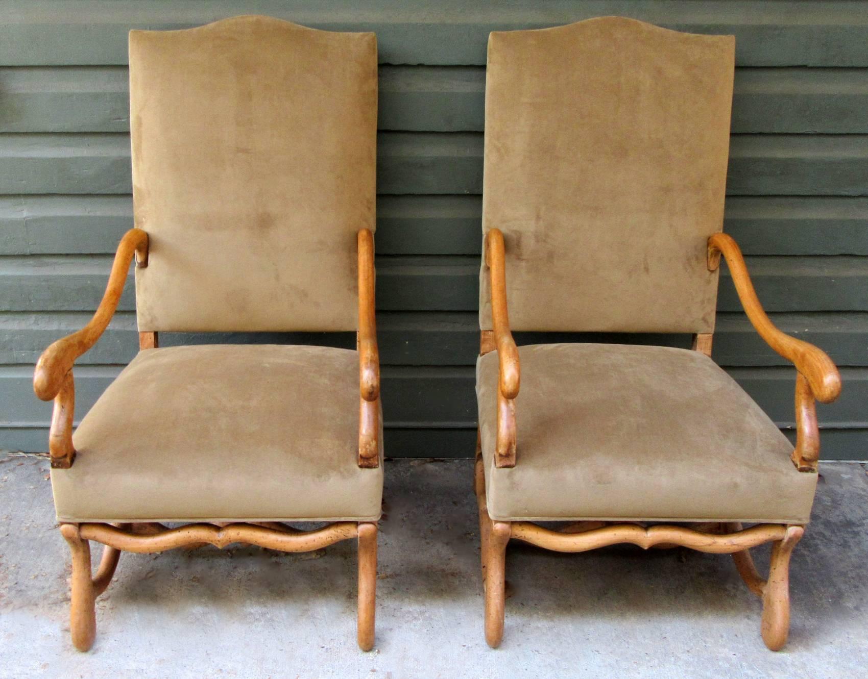 Pair of 19th Century French Louis XIII Fruitwood Armchairs with New Upholstery In Excellent Condition In Charleston, SC