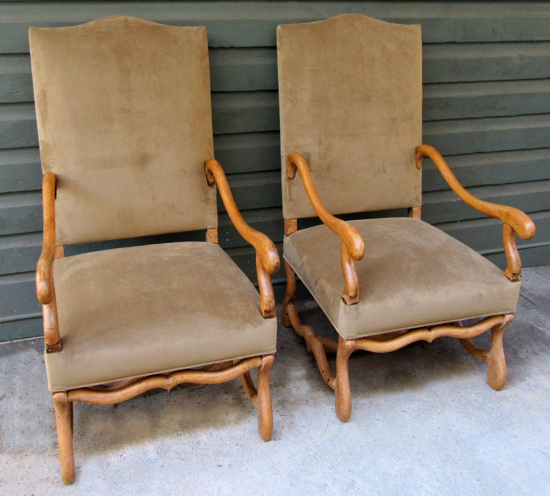 Pair of 19th Century French Louis XIII Fruitwood Armchairs with New Upholstery 2