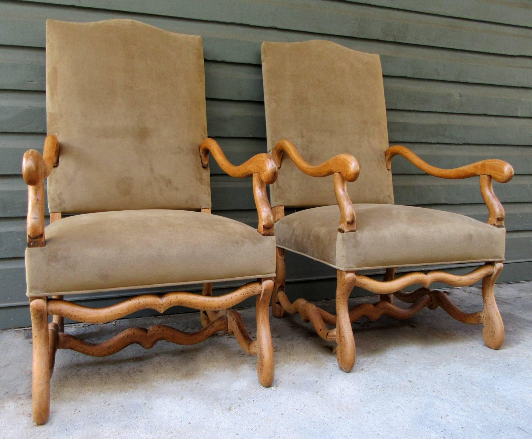 Pair of 19th Century French Louis XIII Fruitwood Armchairs with New Upholstery 3