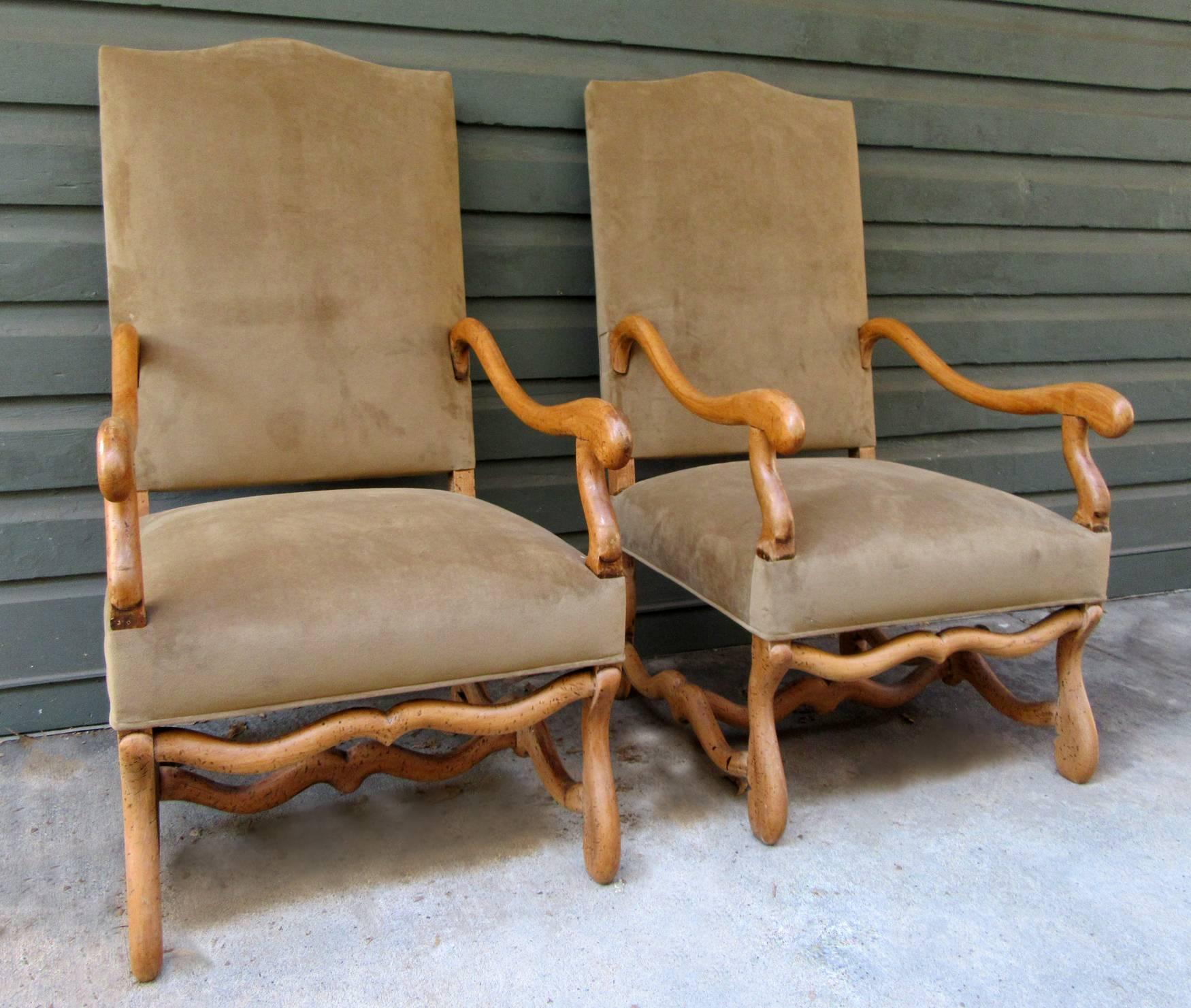 Pair of 19th Century French Louis XIII Fruitwood Armchairs with New Upholstery 4