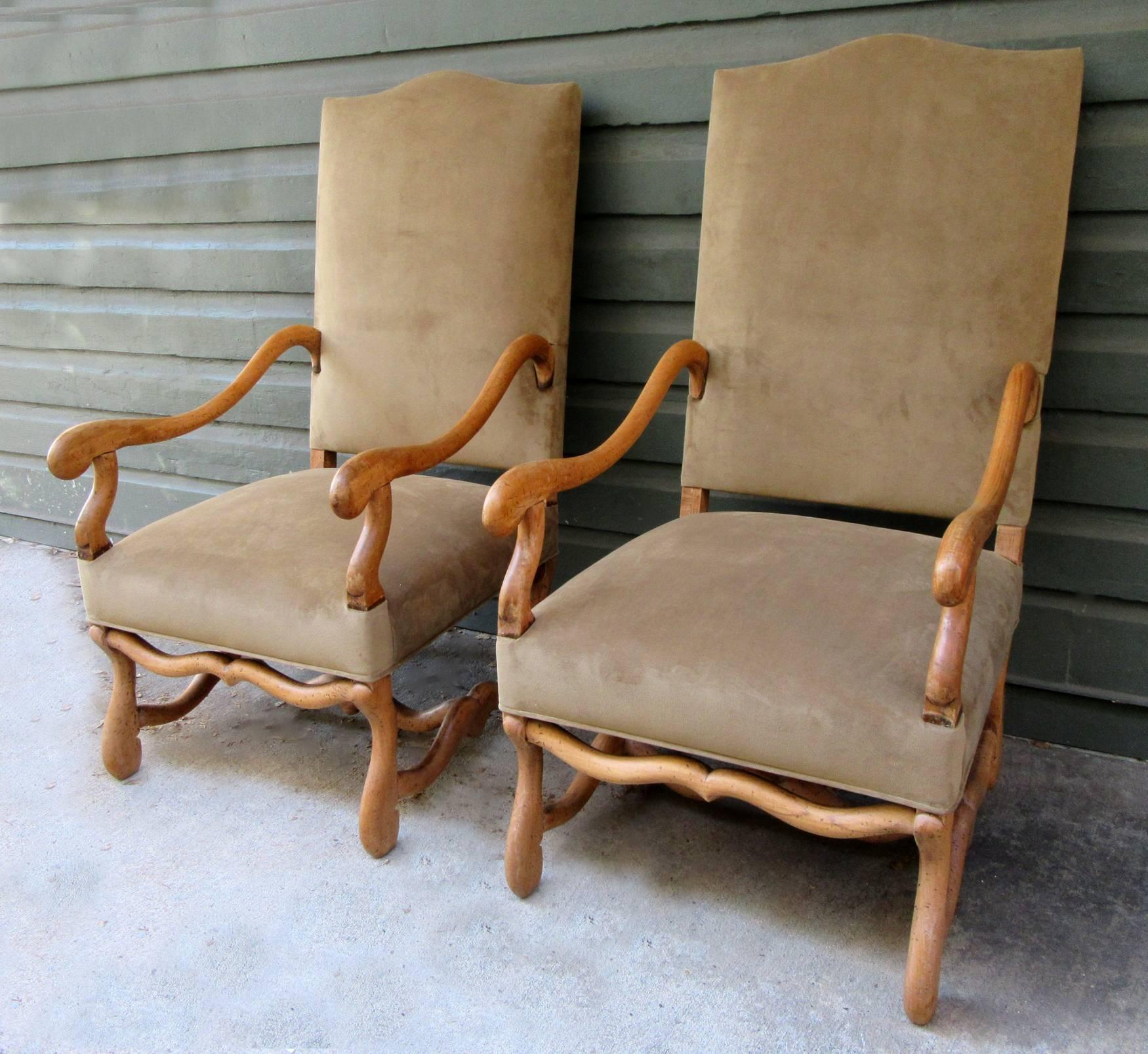 Pair of 19th Century French Louis XIII Fruitwood Armchairs with New Upholstery 1