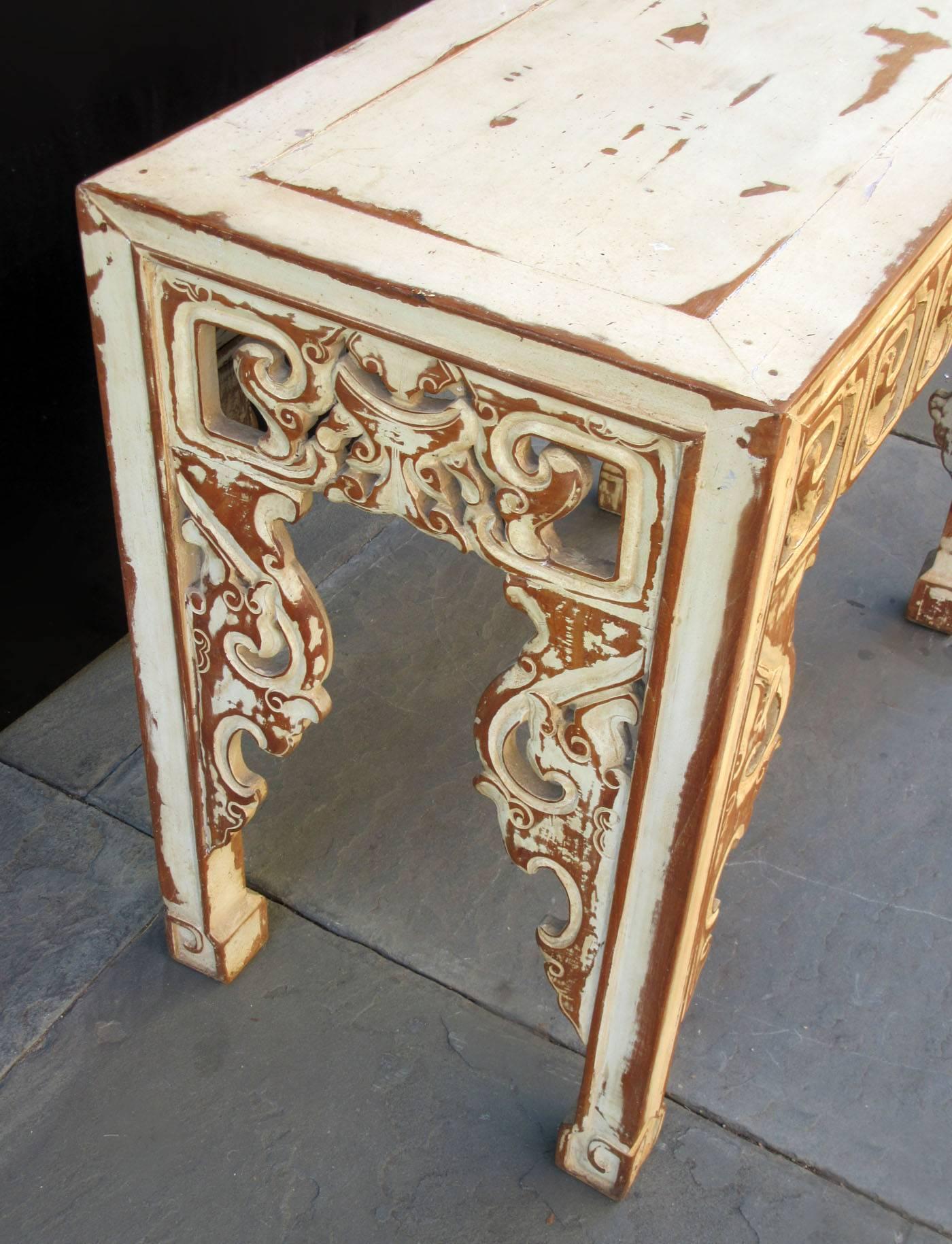 Wood Pair of Early 20th Century Chinese Altar Console Tables with Distressed Paint For Sale