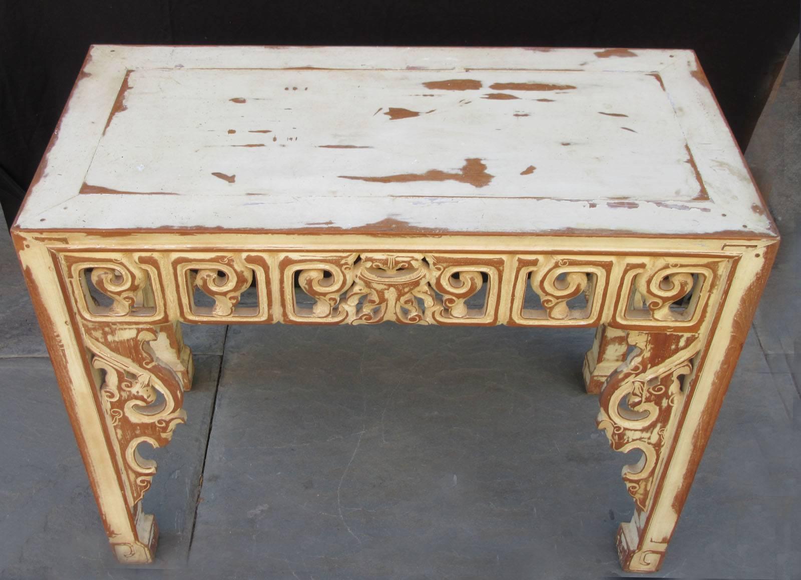 Chinese Export Pair of Early 20th Century Chinese Altar Console Tables with Distressed Paint