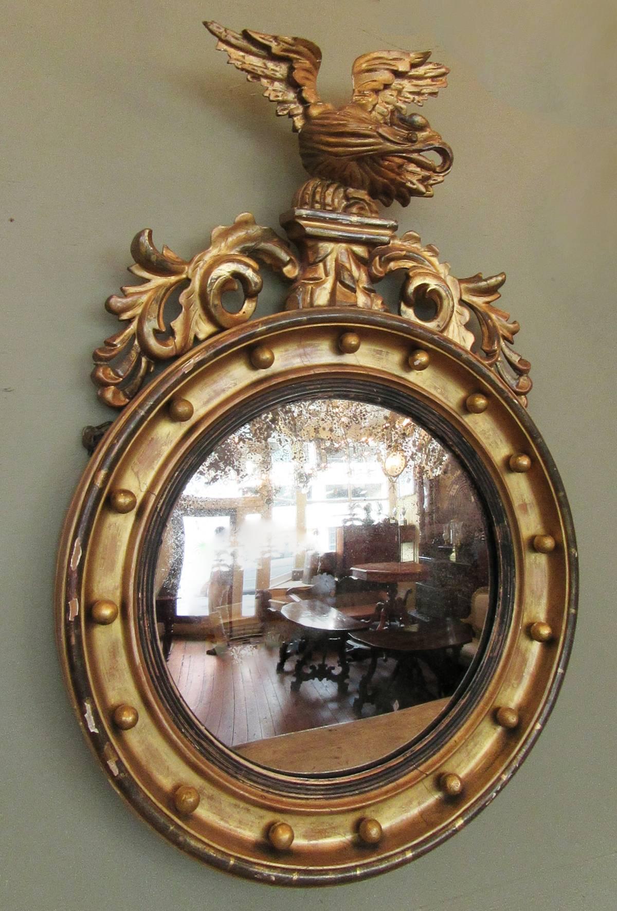 19th Century English Regency Giltwood Convex Mirror with Eagle and Acanthus 1