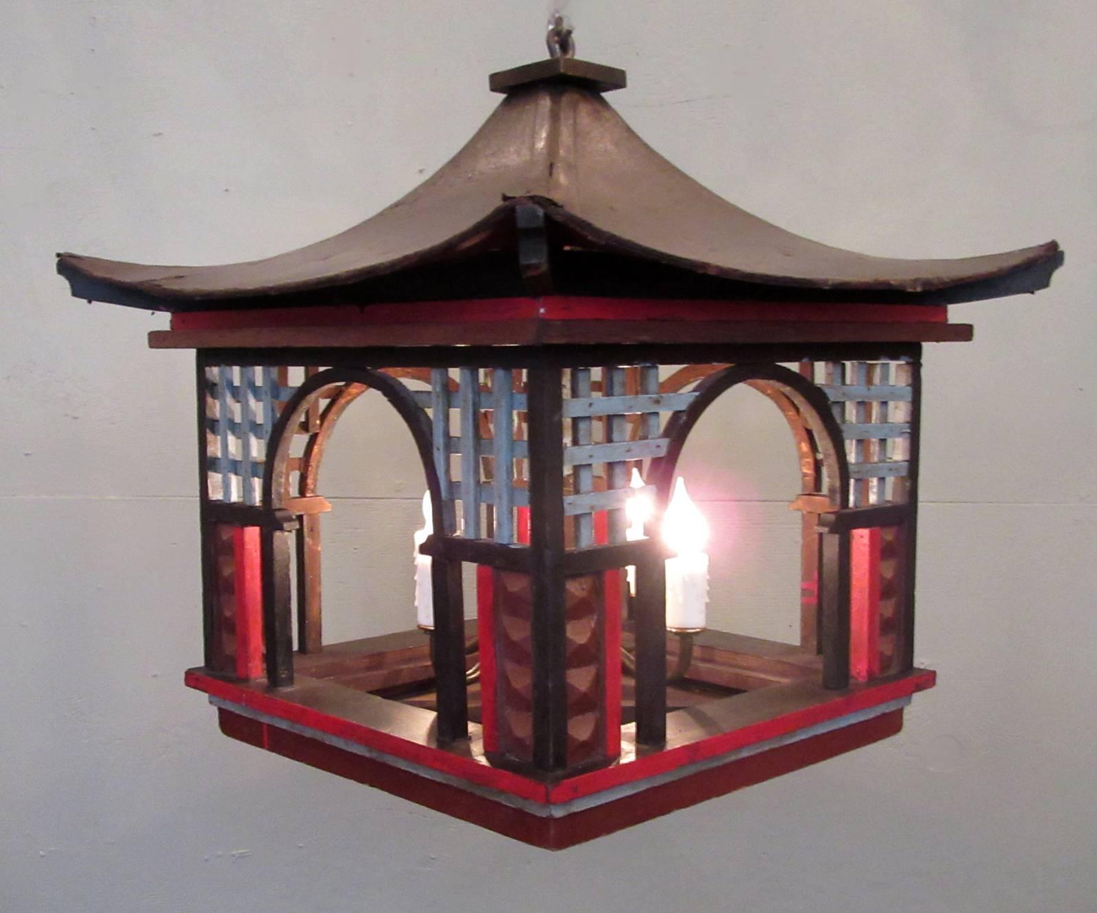 Painted Early 20th Century French Oriental Pagoda Papier Mâché and Wood Lantern