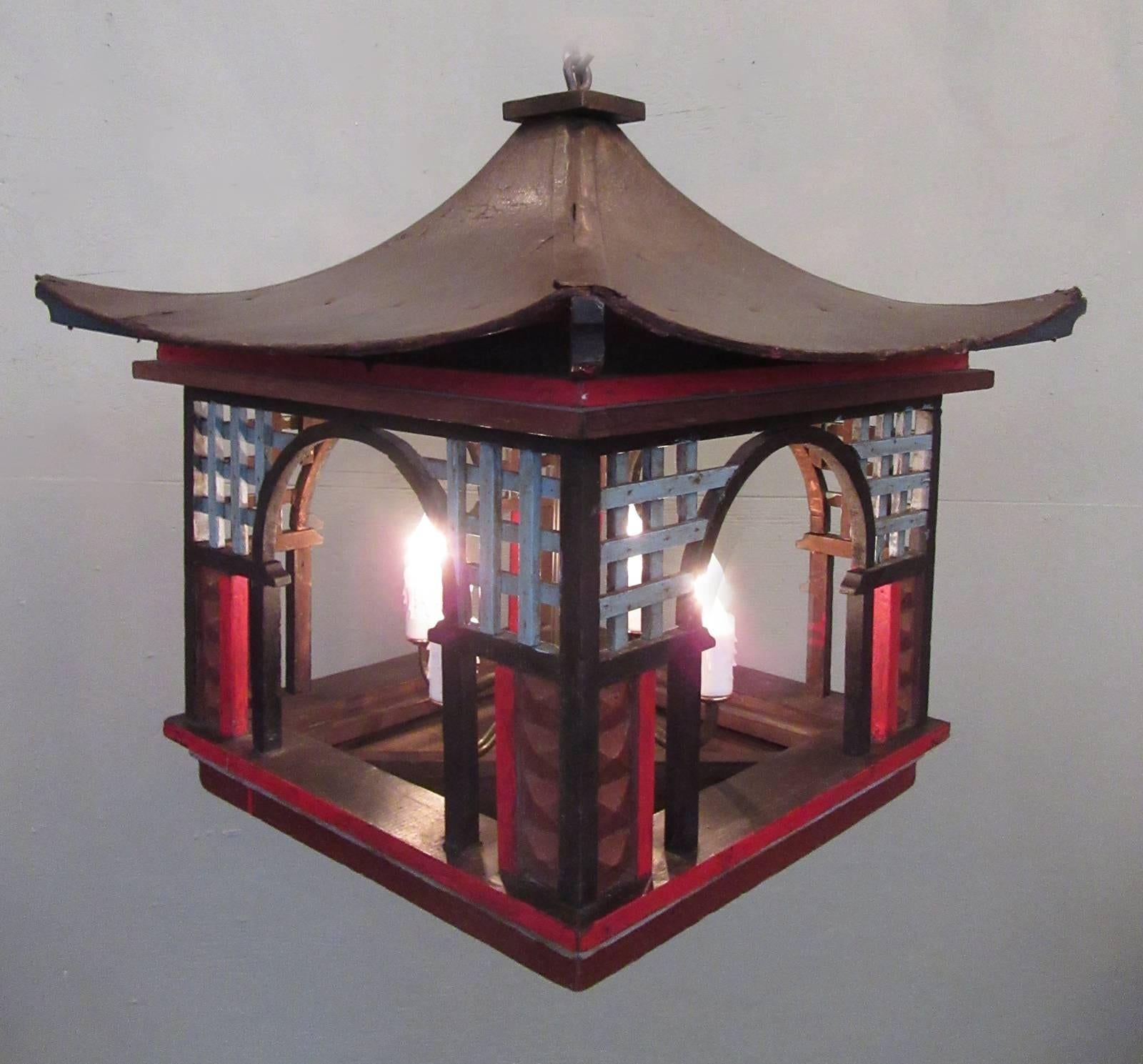 Early 20th Century French Oriental Pagoda Papier Mâché and Wood Lantern In Excellent Condition In Charleston, SC