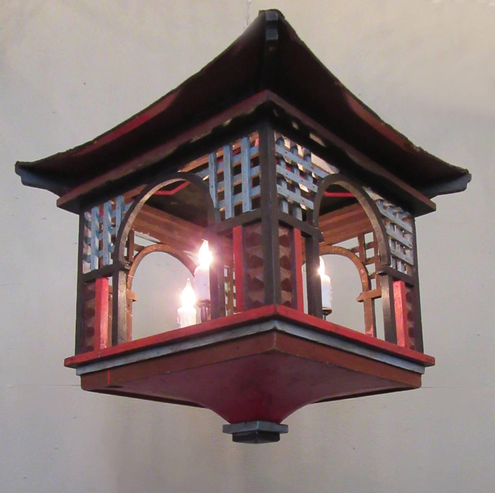 Japonisme Early 20th Century French Oriental Pagoda Papier Mâché and Wood Lantern