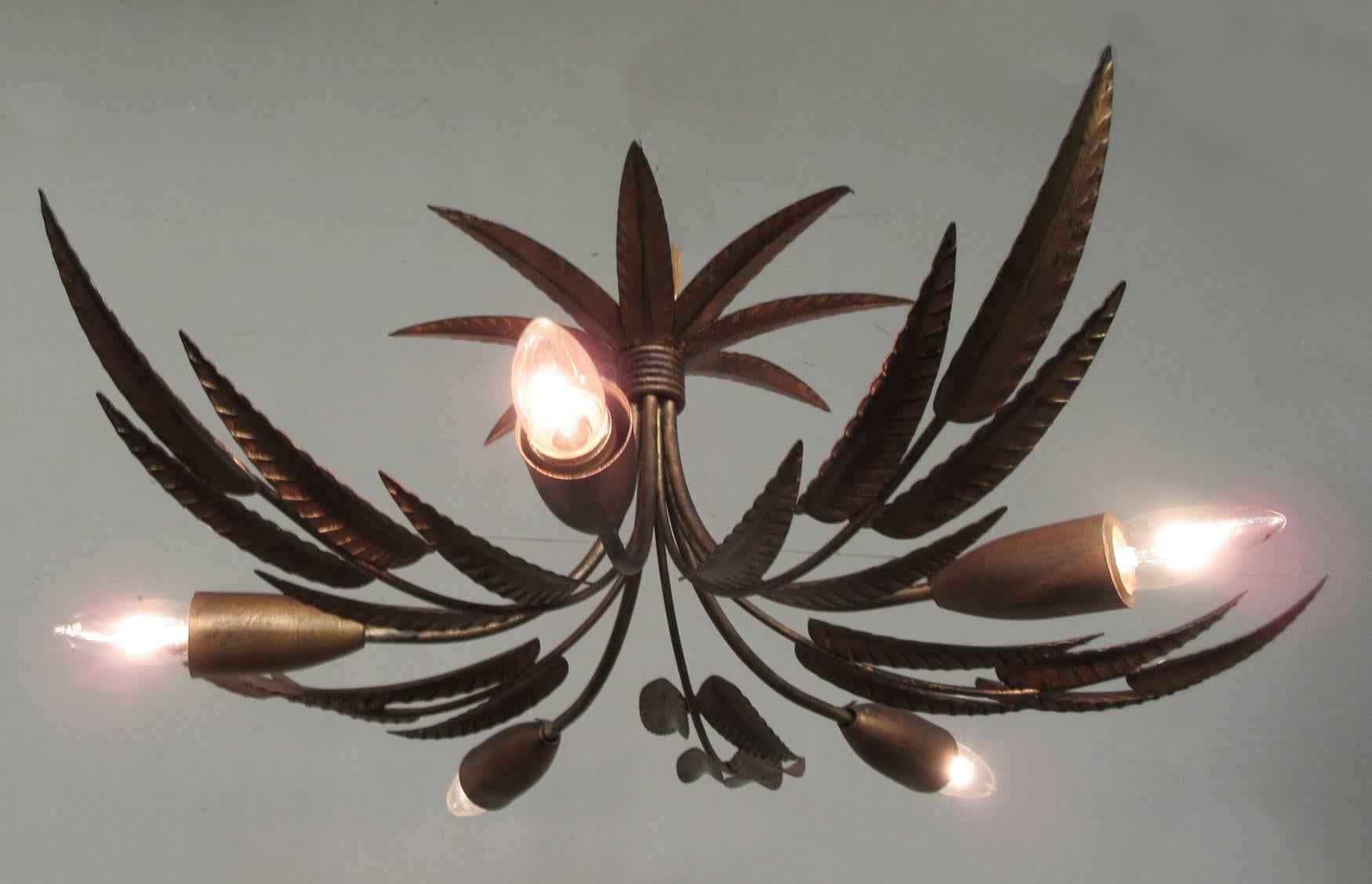 20th Century Spanish Barcelona Gilt Tole Leaf Chandelier In Excellent Condition In Charleston, SC