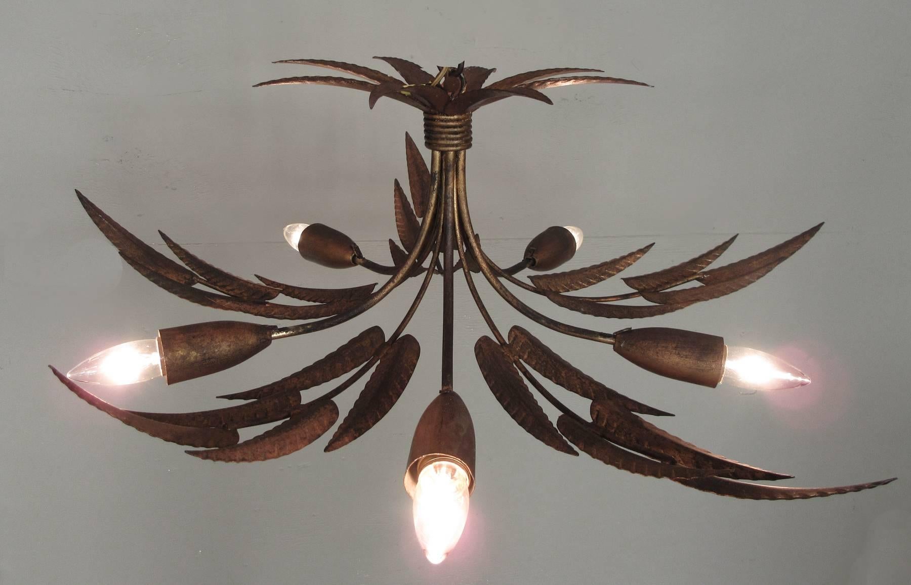 Tin 20th Century Spanish Barcelona Gilt Tole Leaf Chandelier