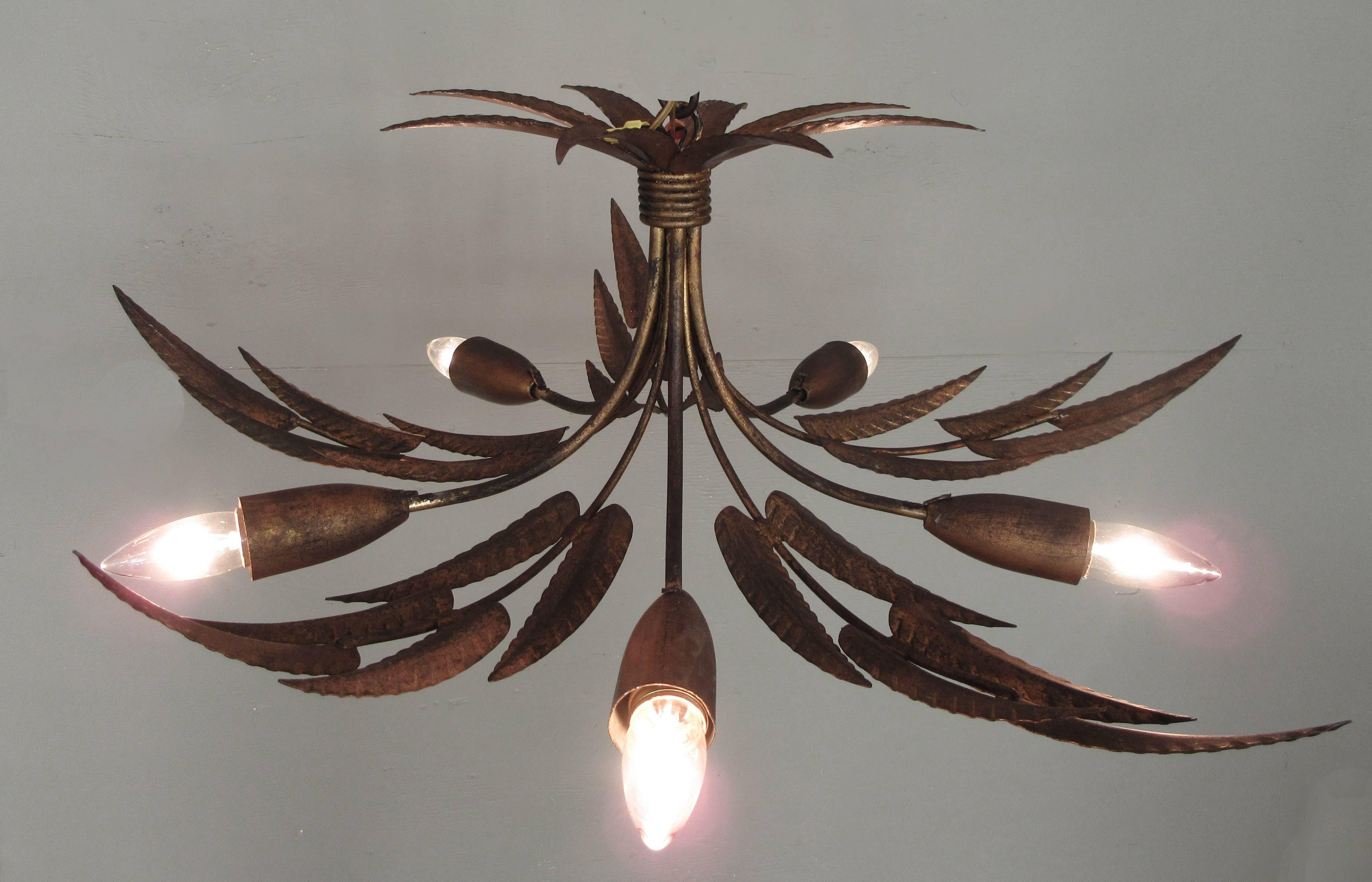 20th Century Spanish Barcelona Gilt Tole Leaf Chandelier 1