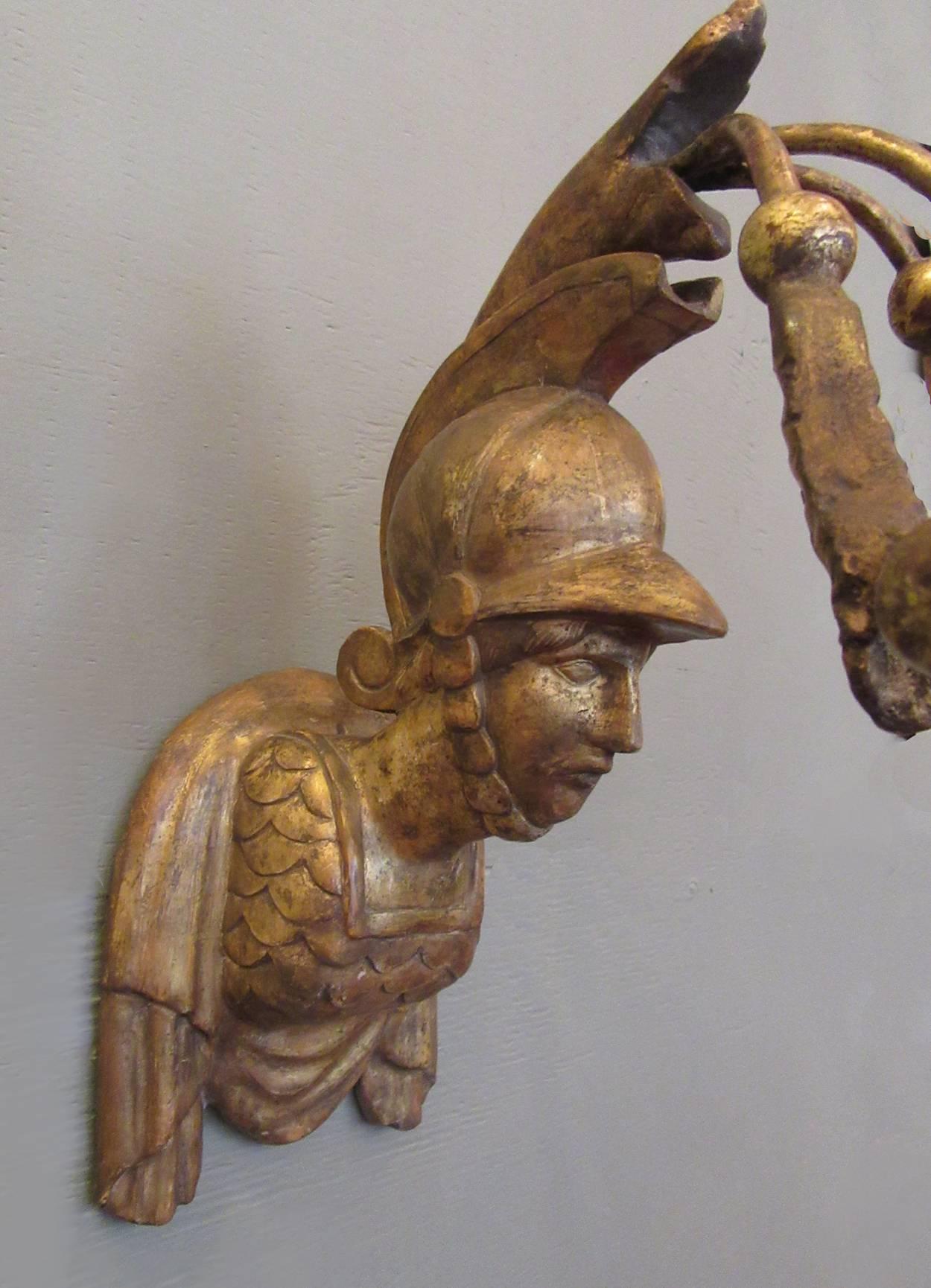 Tin Early 19th Century Italian Neoclassical Giltwood Sconces with Roman Soldier Bust For Sale