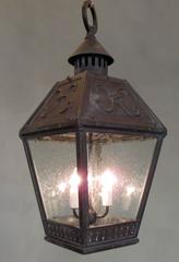 19th Century American Bronze Gas Lantern with Seed Glass