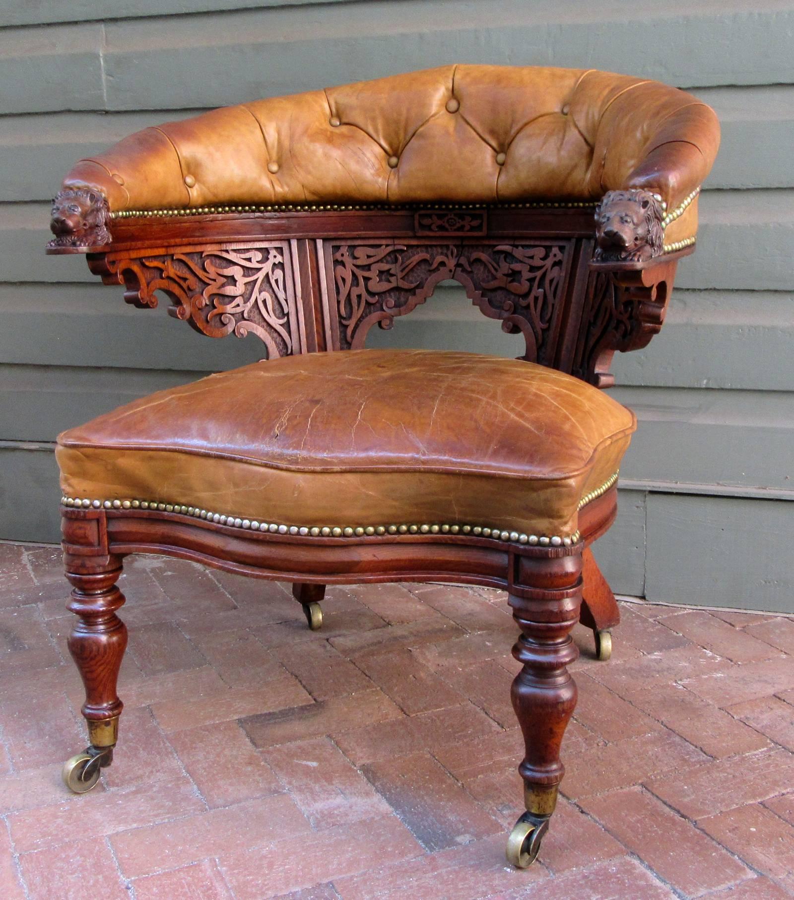 Leather Early 19th Century English Regency Oak Barrel Back Gentleman's Chair
