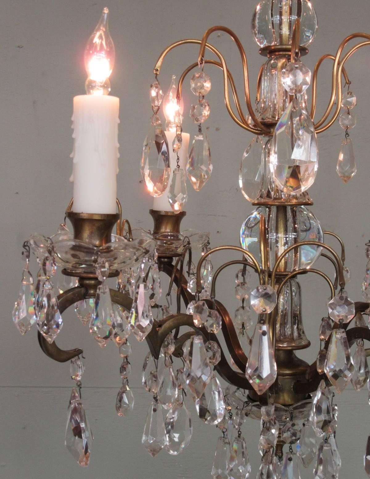 Small Early 20th Century Italian Bronze and Crystal Waterfall Chandelier In Excellent Condition In Charleston, SC