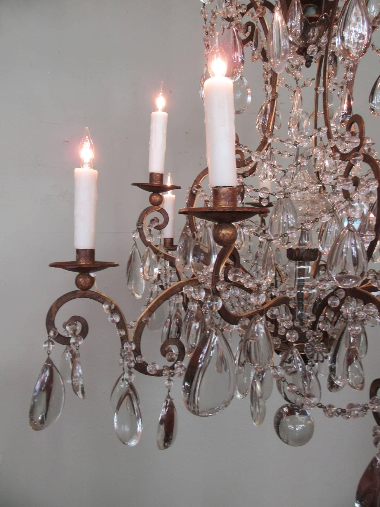 Early 19th Century Italian Gilt Tole and Polished Crystal Pendant Chandeliers In Excellent Condition In Charleston, SC