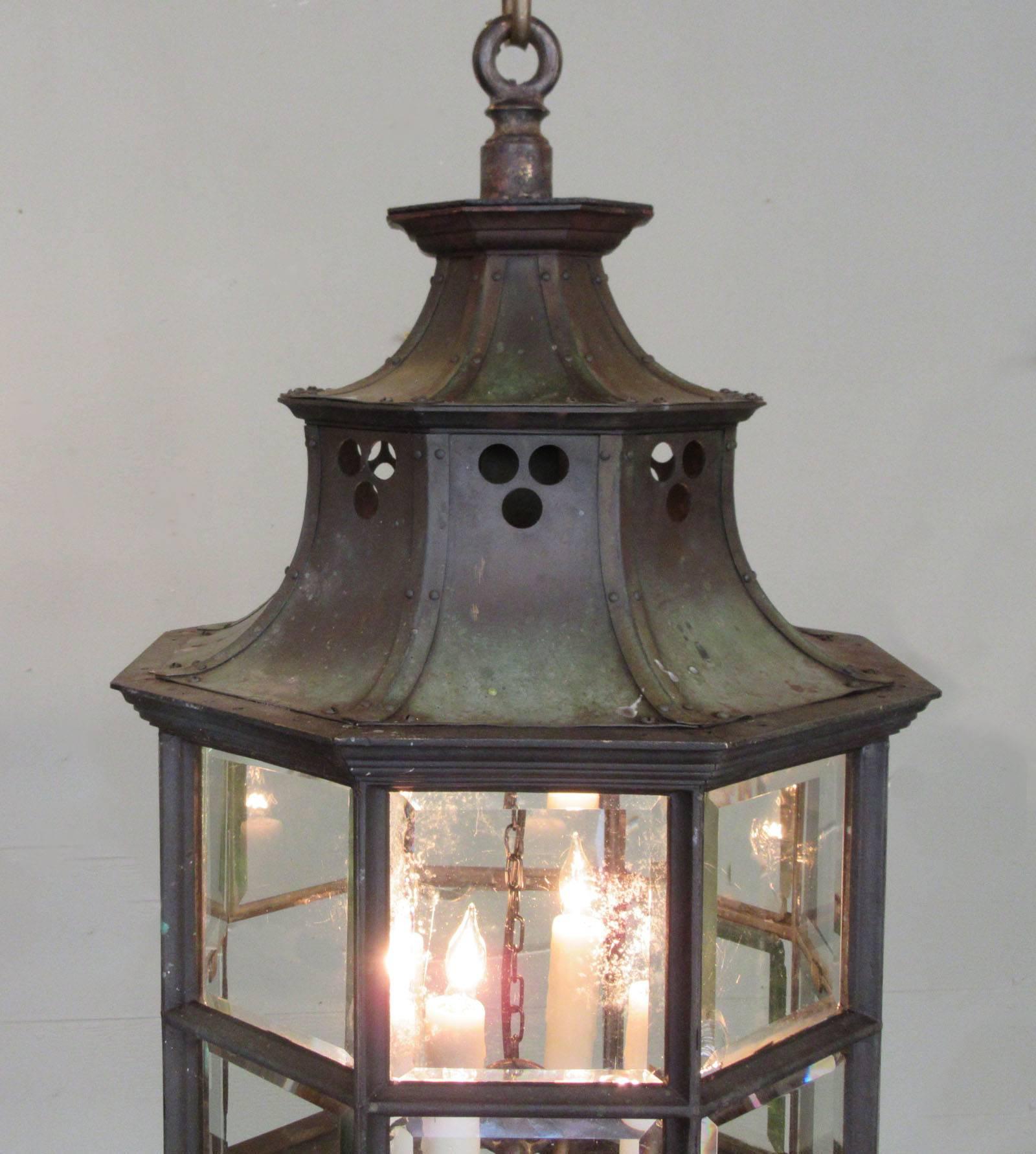 Large Early 19th Century English Regency Bronze and Glass Lantern In Good Condition In Charleston, SC