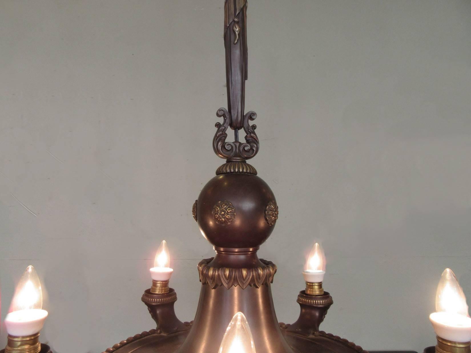 19th Century French Empire Patinated Bronze Chandelier with Neoclassical Motifs 2
