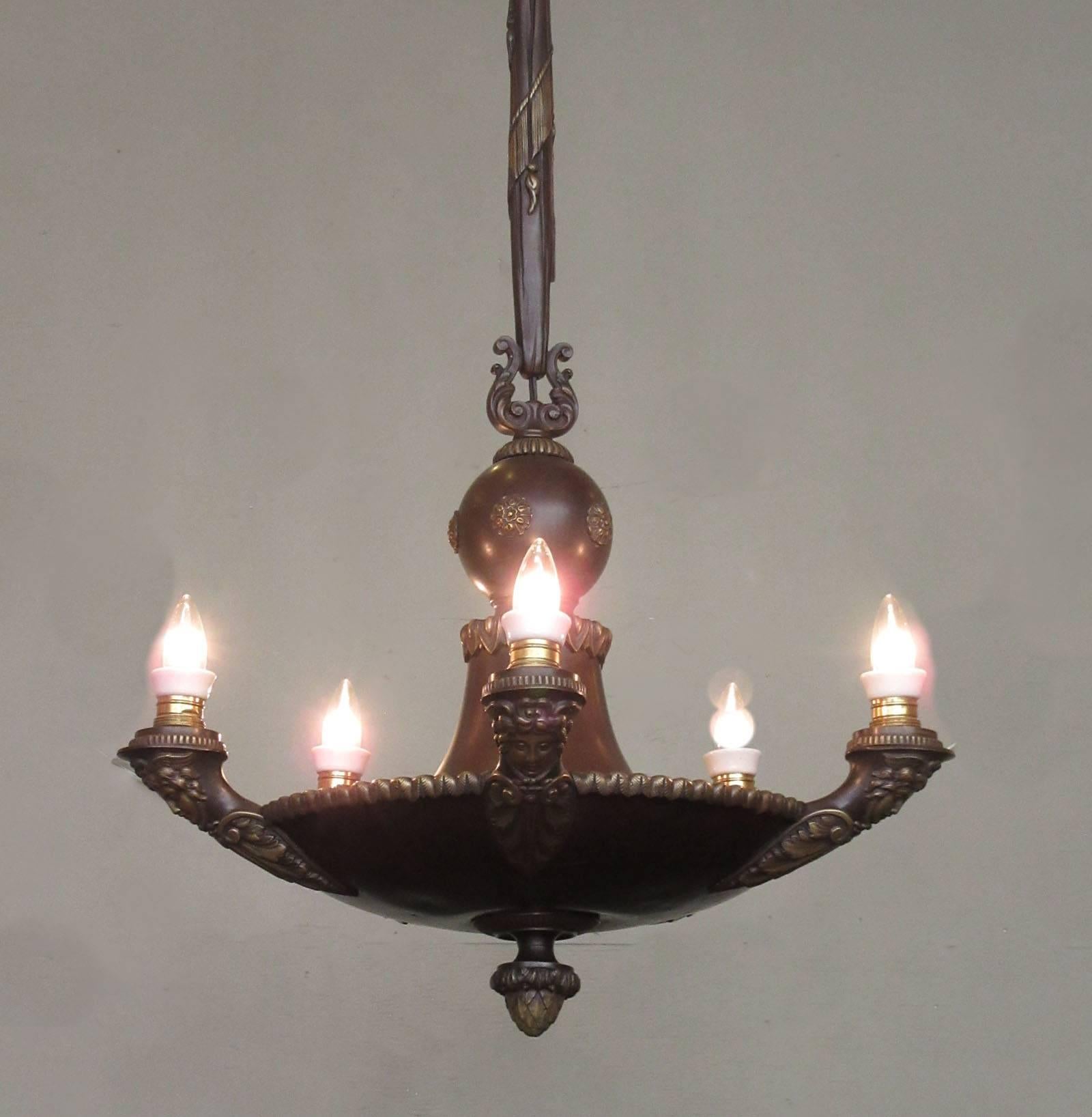 19th Century French Empire Patinated Bronze Chandelier with Neoclassical Motifs In Good Condition In Charleston, SC