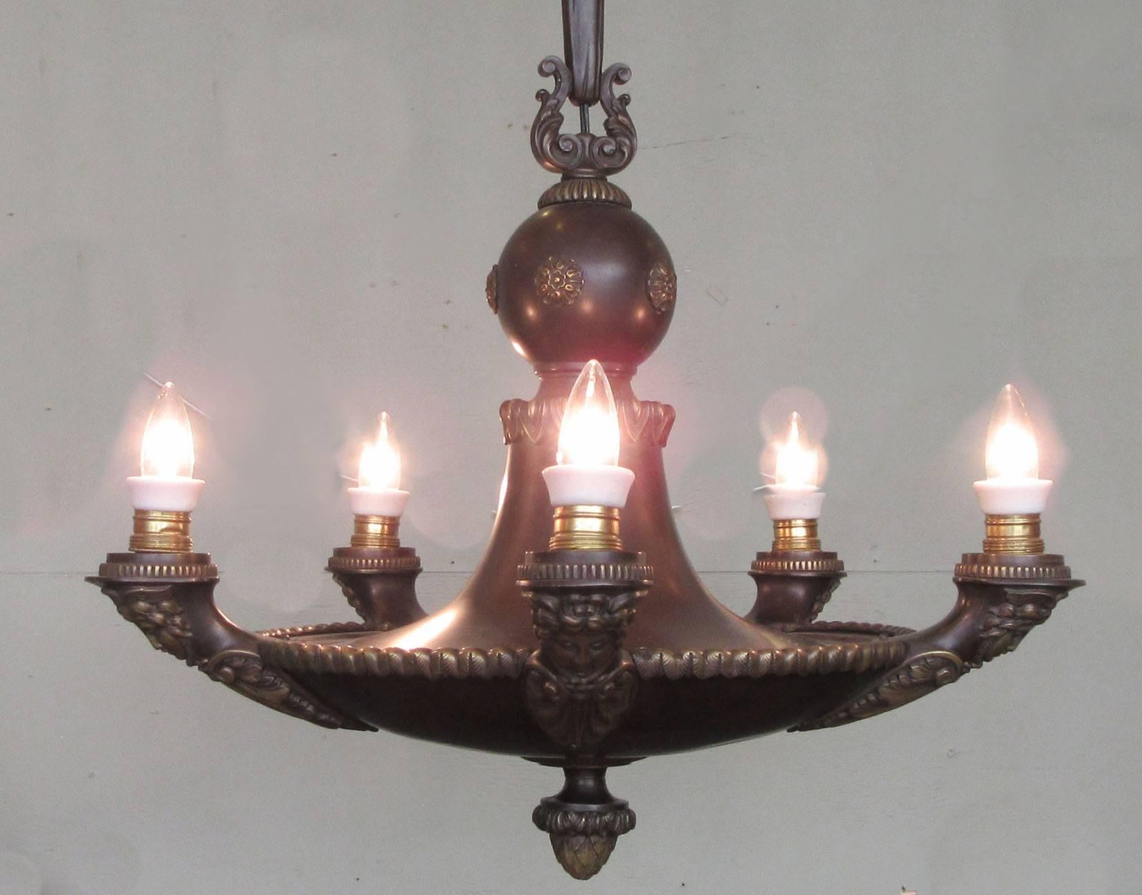 19th Century French Empire Patinated Bronze Chandelier with Neoclassical Motifs 3