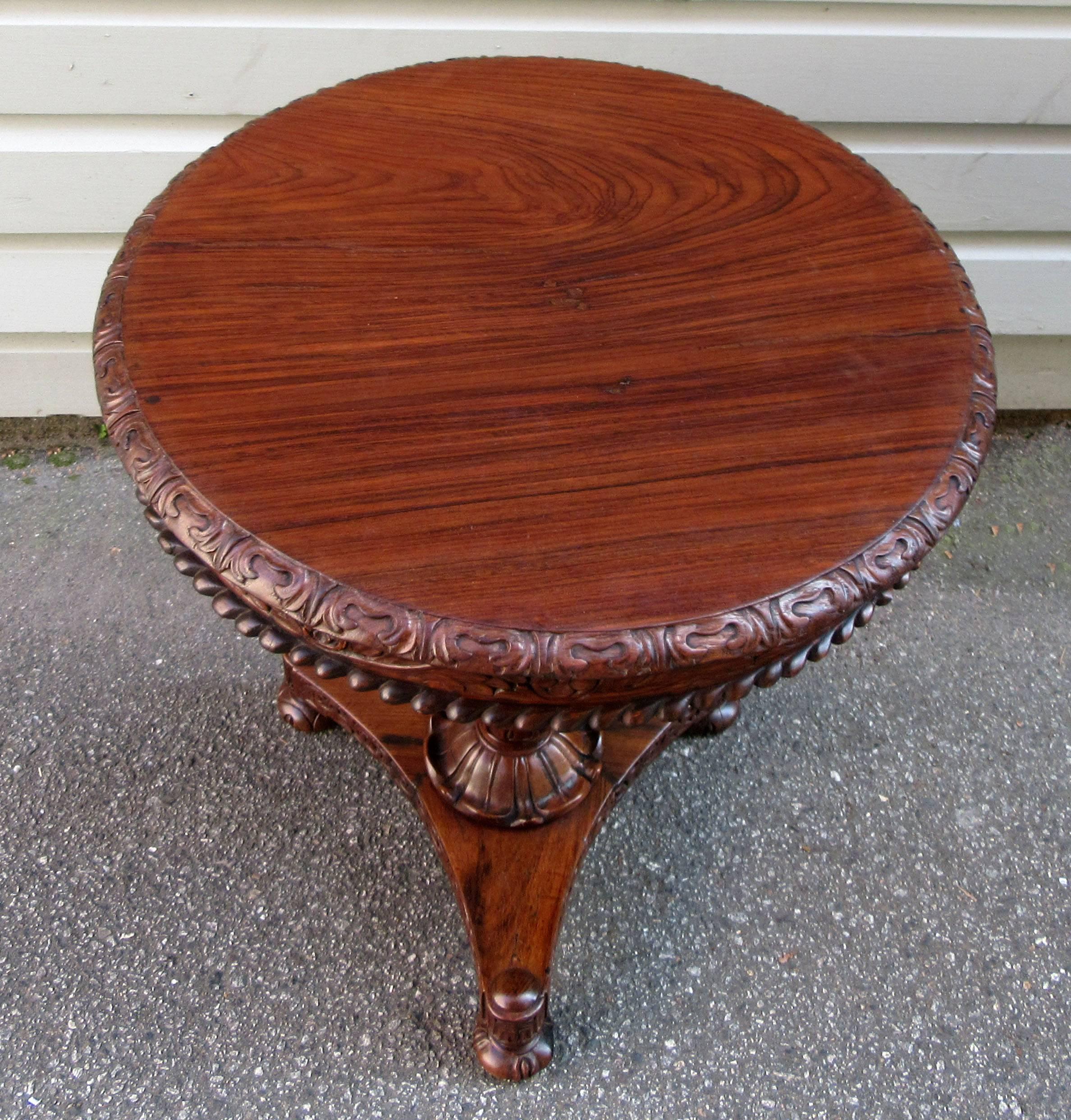 Hand-Carved 19th Century British Colonial Regency Rosewood Occasional Table