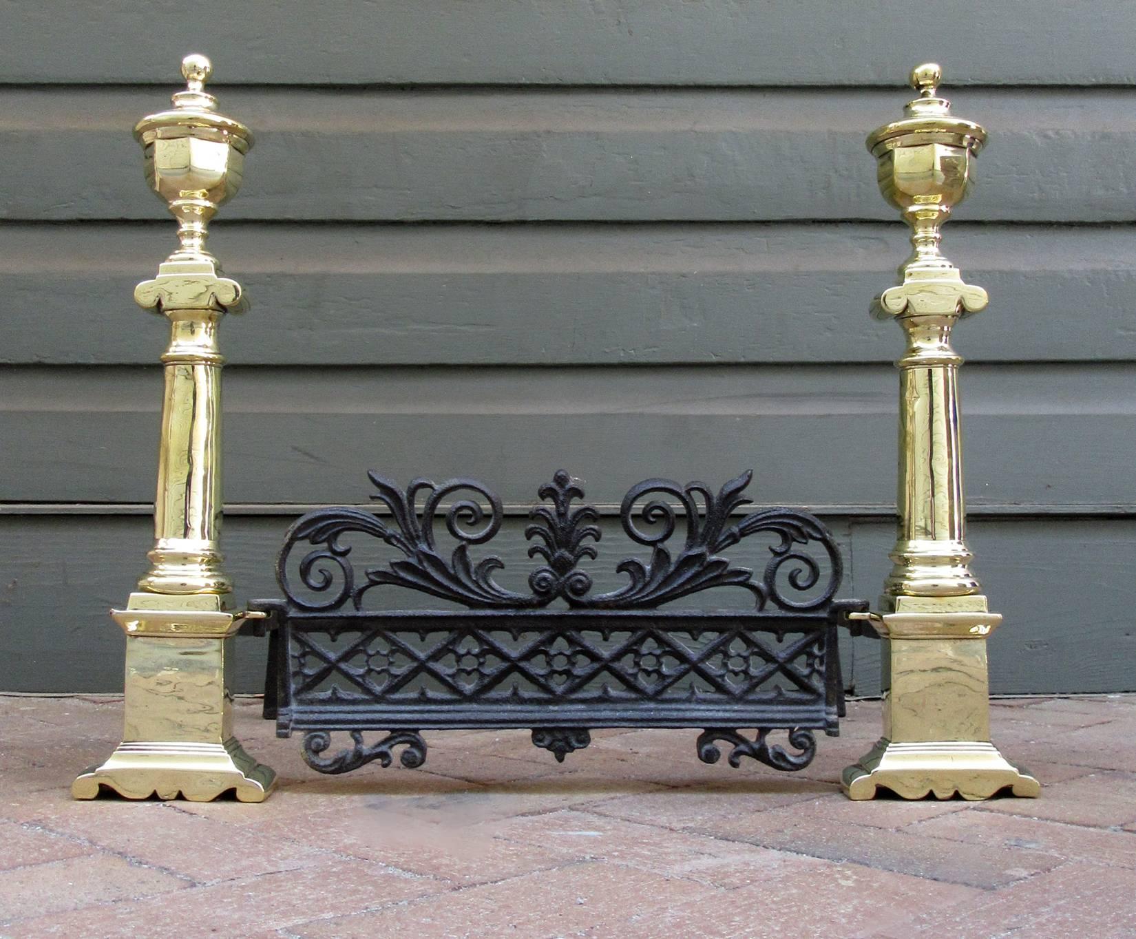 American Pair of Early 19th Century Charleston Neoclassical Brass Andirons with Fender