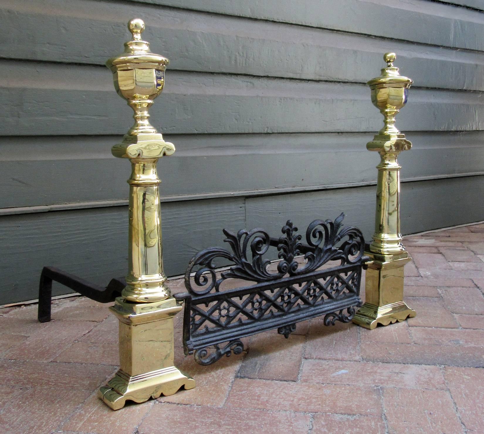 Pair of Early 19th Century Charleston Neoclassical Brass Andirons with Fender 1