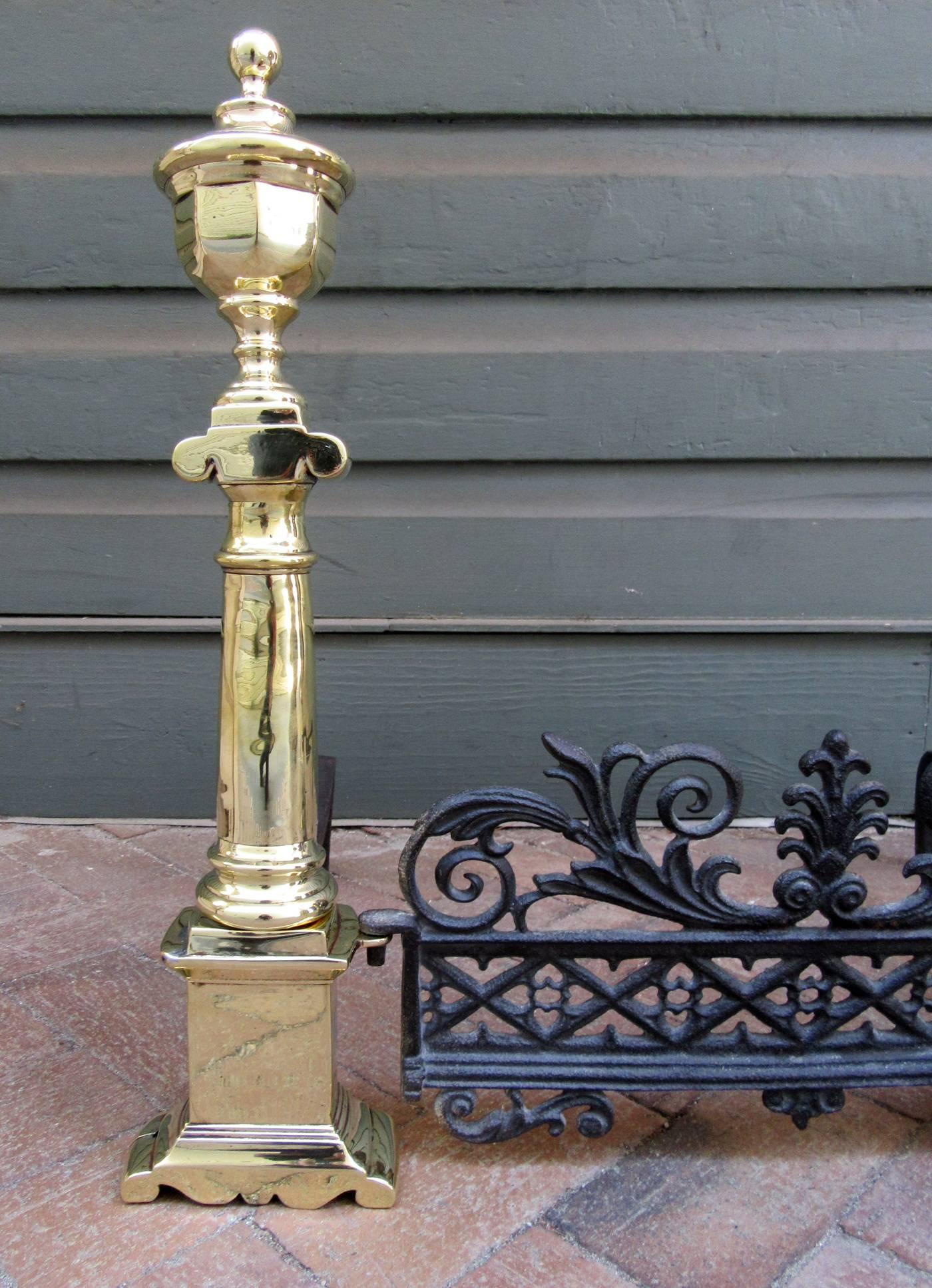 Pair of Early 19th Century Charleston Neoclassical Brass Andirons with Fender 2