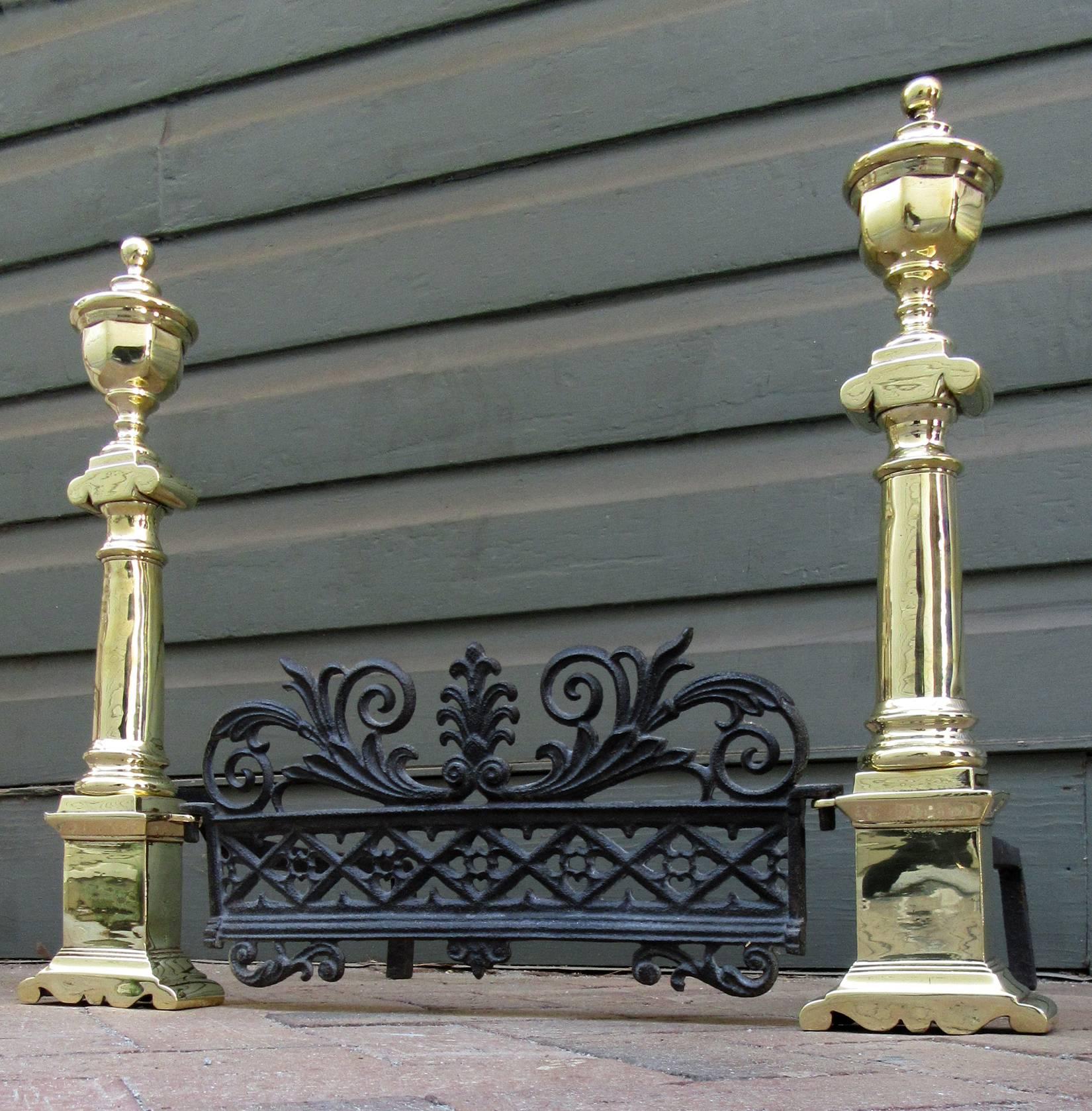 Pair of Early 19th Century Charleston Neoclassical Brass Andirons with Fender 3