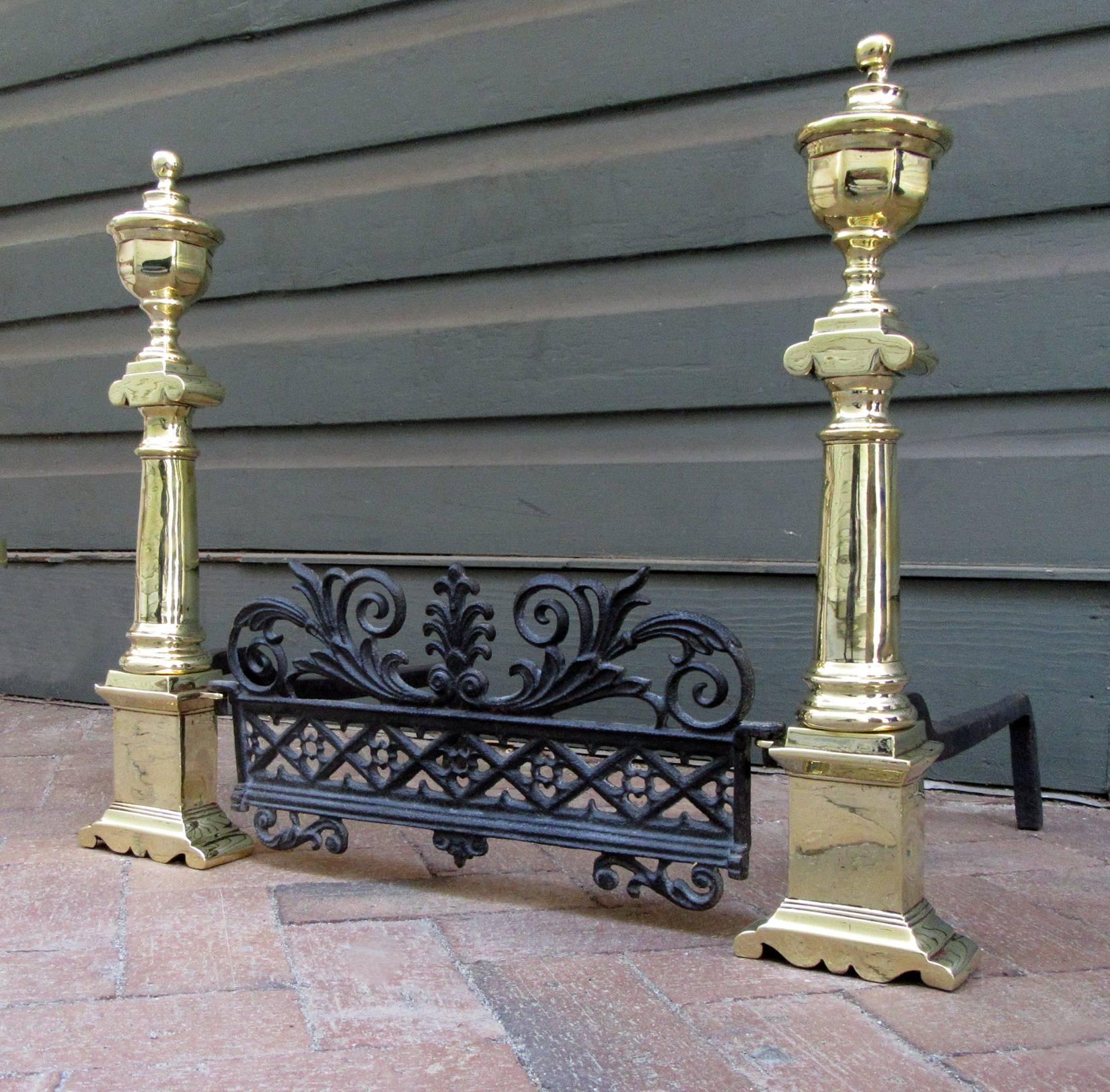 Pair of Early 19th Century Charleston Neoclassical Brass Andirons with Fender 4